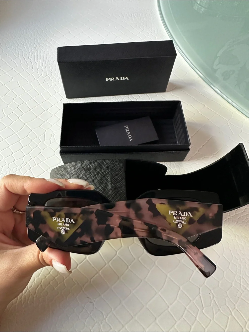 Prada Tortoiseshell and Black Rectangular Sunglasses